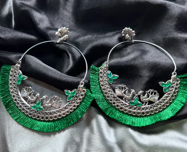 Oxidised Peacock Chandbali  Jhumkas With Frills (Green)