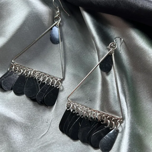 Triangle Silver Hoops With Black Mirror Hanging