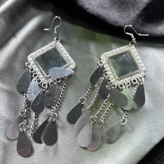 Oxidised Square Jhumka With Silver Mirror Hanging