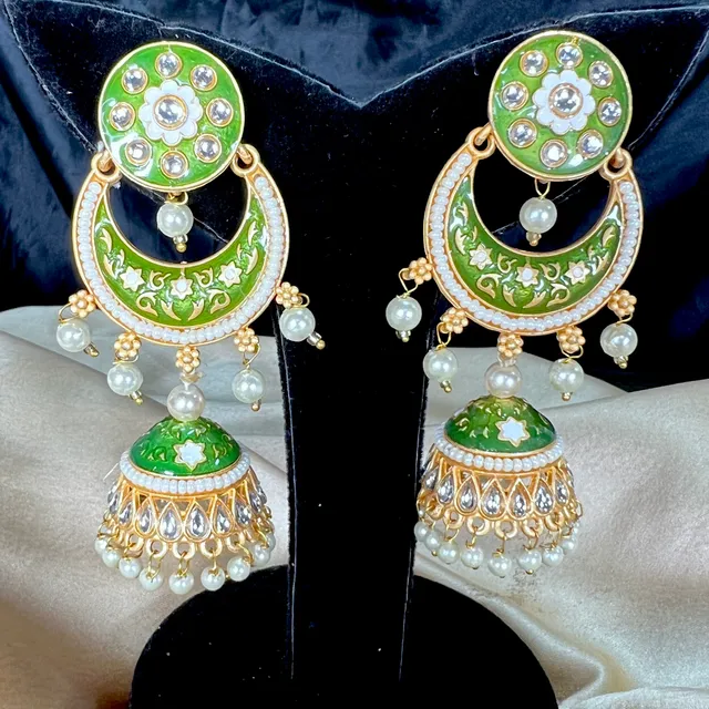 Premium Kundan Layered Pearl Jhumka [ Green ]