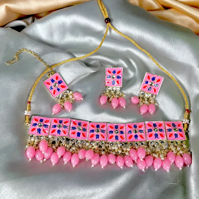 Premium Pink Kundan Earrings, Necklace and Teeka Set