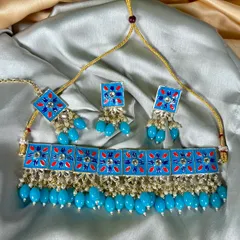 Premium Blue Kundan Earrings, Necklace and Teeka Set