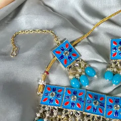 Premium Blue Kundan Earrings, Necklace and Teeka Set