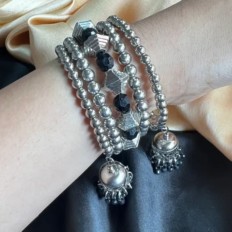Layered Black Beads Adjustable Oxidised Bracelet with Mini Latkan