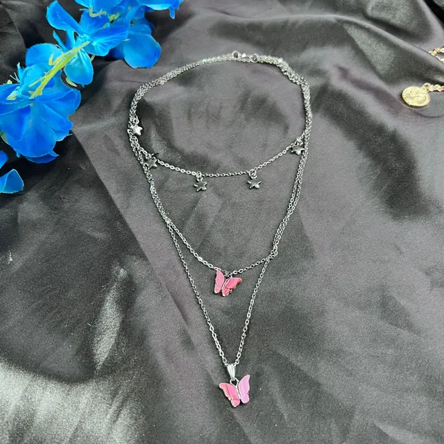 Triple Layered Black Pink Butterfly & Star Necklace