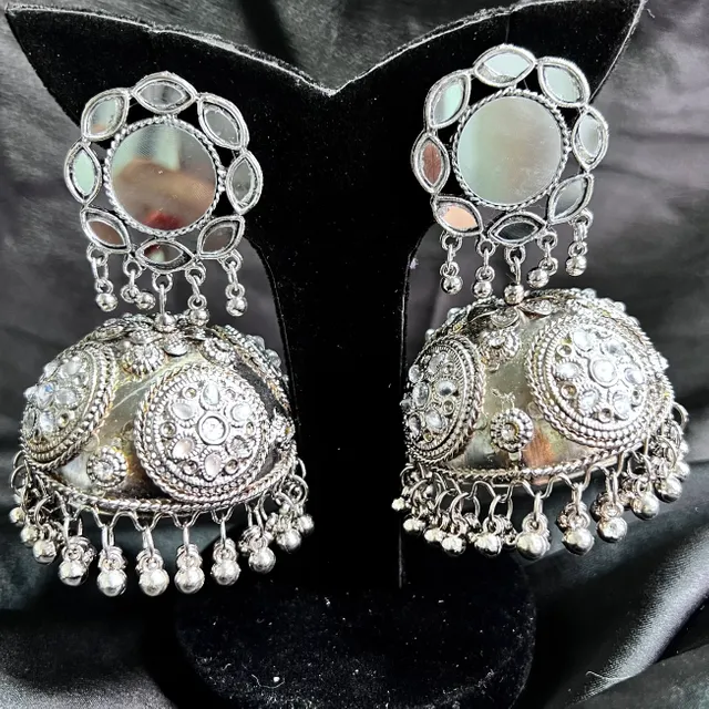 Silver  Mirror Jhumka With Ghungroo