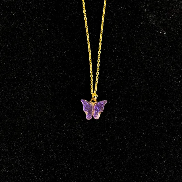 Cute Acrylic Lavender Glitter Butterfly Charm Necklace