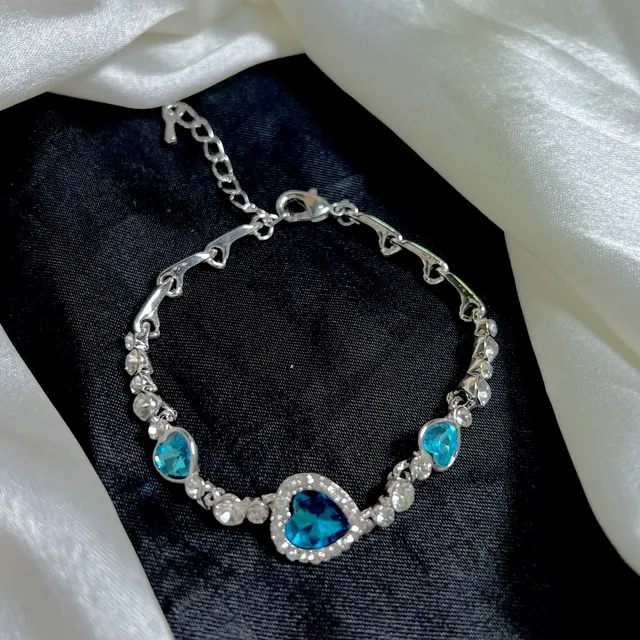 Silver Plated  Light Blue Crystal Studded Heart Design Bracelet