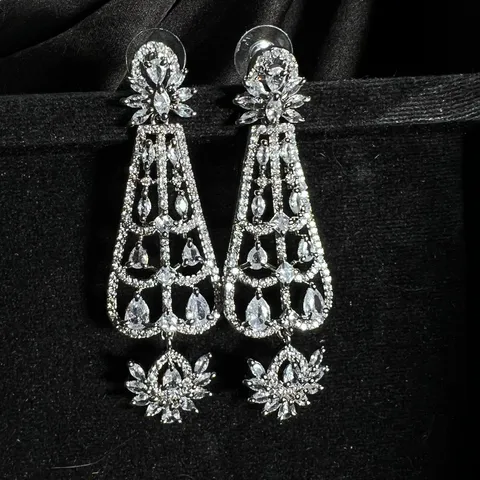 Silver American Diamond Beaded Drop Earrings