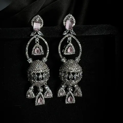 Pink Stone American Diamond Beaded Earrings