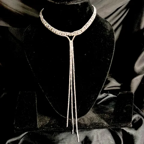 3 Row Rhinestone Choker Necklace Crystal Tassel Wide Collar Necklace