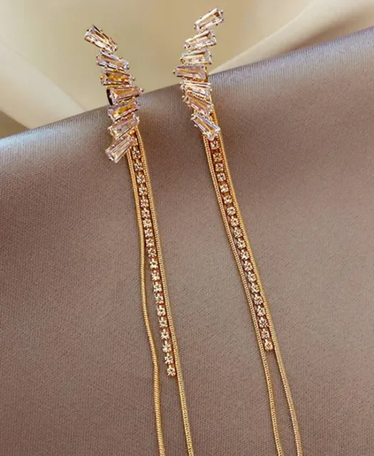 Cubic Zirconia Golden Long Hanging Earrings