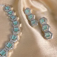 Sea Green American Diamonds Stone Necklace With Earrings