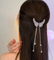 Korean Butterfly Wings Dangling Pearls Hair Clutcher