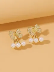 Faux Pearl & Cubic Zirconia Bow Design Earrings