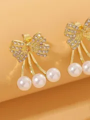 Faux Pearl & Cubic Zirconia Bow Design Earrings