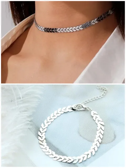 Arrow Chain Necklace & Bracelet Combo (Silver)