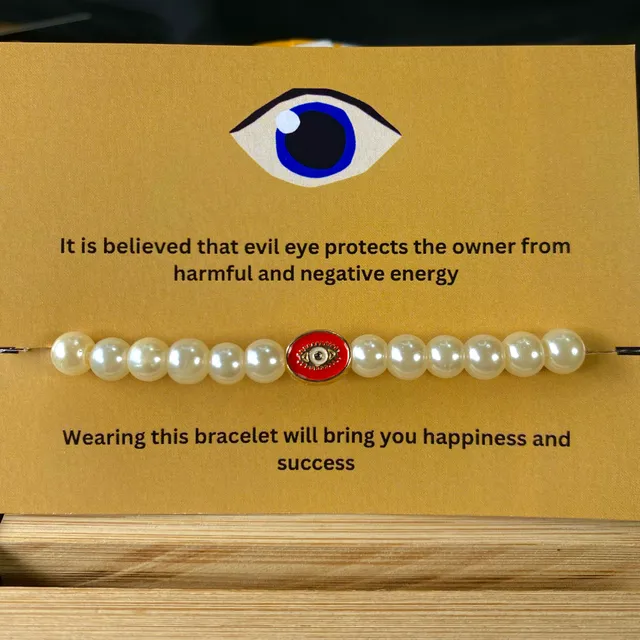 Pearl Bracelet With Oval Evil Eye Charm(Red)