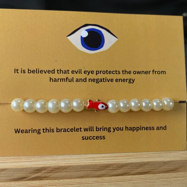 Pearl Bracelet With Fish  Evil Eye Charm(Red)