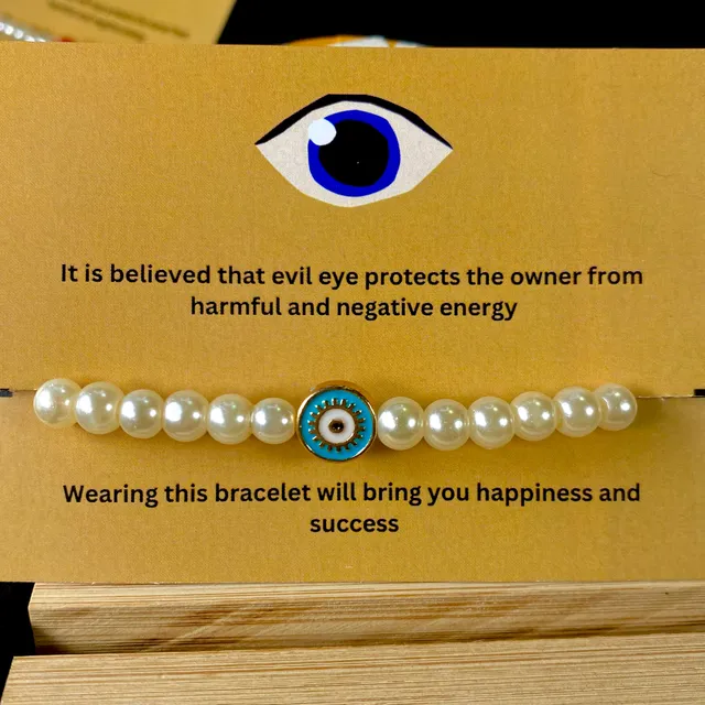 Pearl Bracelet With Round Evil Eye Charm (Light Blue)