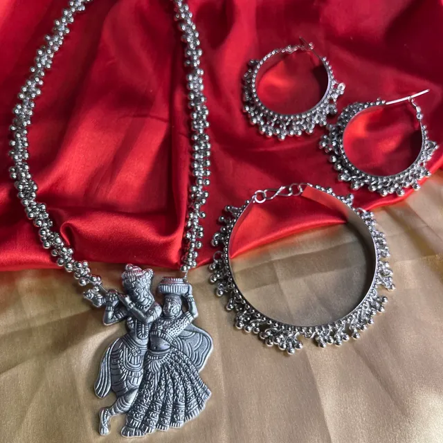 Oxidised Radha Krishan Choker Set With Earrings & Bracelet