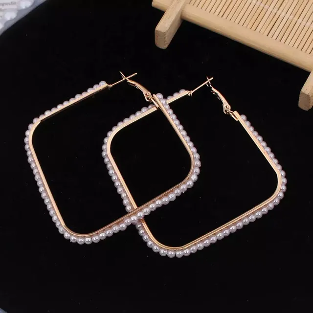 Golden Pearl Square Hoops