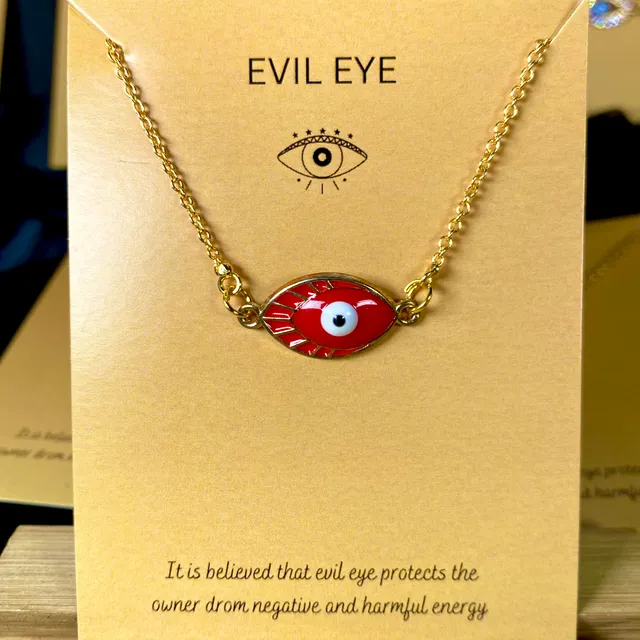 Red Oval Evil Eye Charm Necklace (Golden)