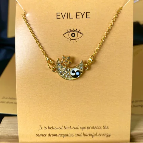 Zircon Moon Evil Eye Charm Necklace (Golden)