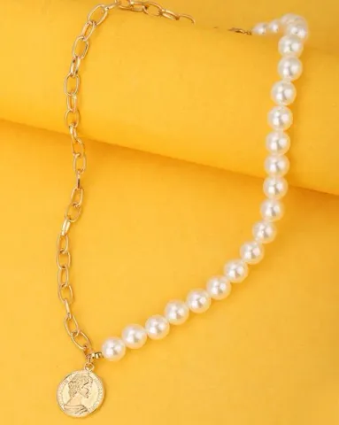 Half Pearl Half Chain Coin Necklace