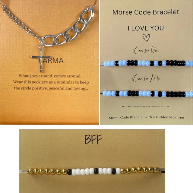 Pack Of 3 Morse Code Bracelet  & Cross Necklace