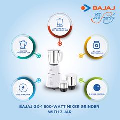 Bajaj GX-1 Mixer Grinder, 500W, 3 Jars