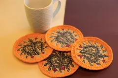 Handmade Crochet And Madhubani Coaster - Flower String  (Pack Of 4)