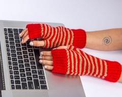 Fingerless Striped Woollen Mittens or Gloves / Red
