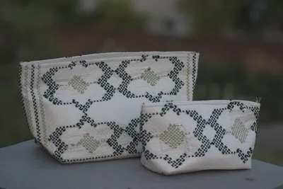 White Taat Wool Hand Pouch | Set of 2 Pouch(Green &White)