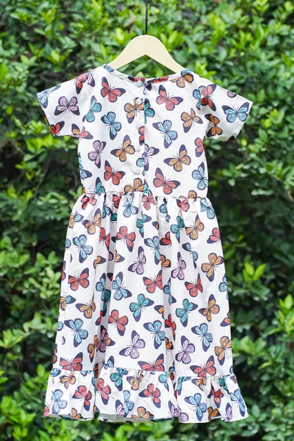 Off White Butterfly Print Ruffle Dress