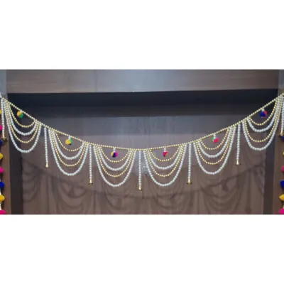 Traditional Golden & White Coloured Pearl Beads Handmade Door Hanging | Bandhanwar | Toran for Door, 40" Inch Length