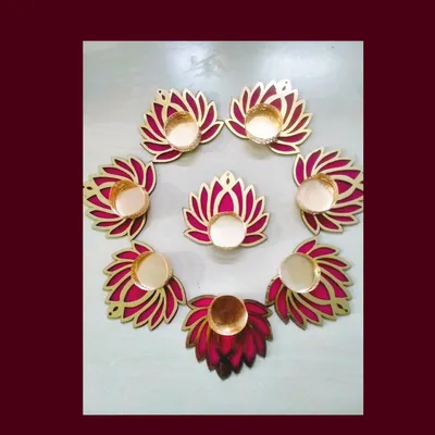 Handmade Pink Lotus and Flower Diya Rangoli | Set of 8 (4 Inch)