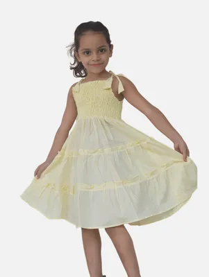 Light Yellow Solid Smocked Shoulder Tie Up Dress