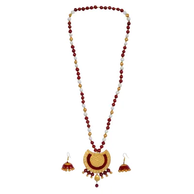 Maroon And Golden Necklace Set With Jhumka
