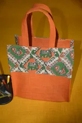 Orange Jute With Green Kalamkari Patch Bag JL44