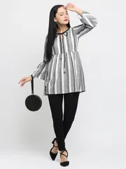 Tisser  Black & white stripes  cotton short top with warli hand paint