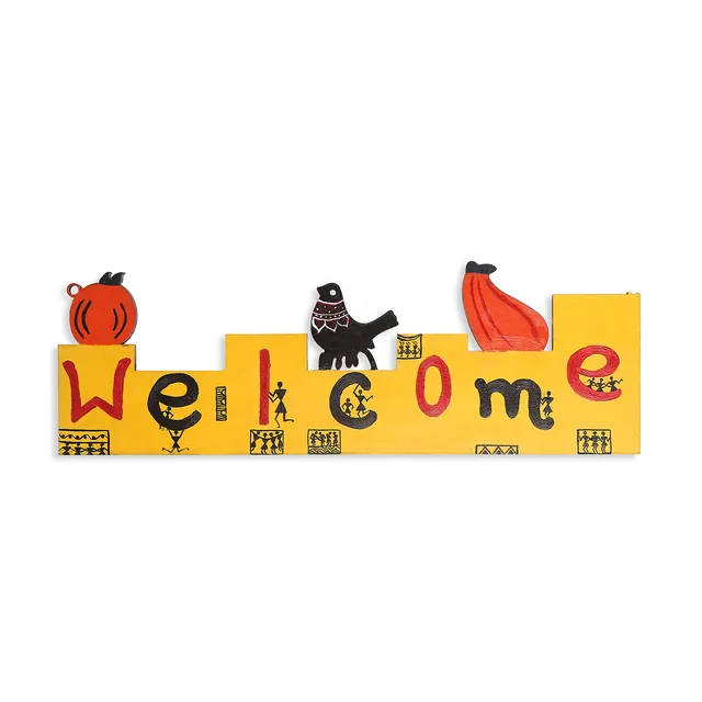 Tisser Artisans Warli Wooden Handpainted Birds/Nature Welcome Home Palte Multicolour