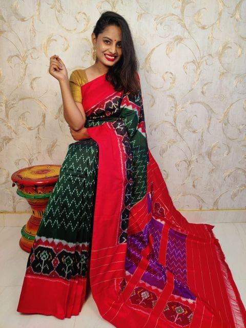 Pochampally Silk Saree | Bottle Green Colour | Red Border