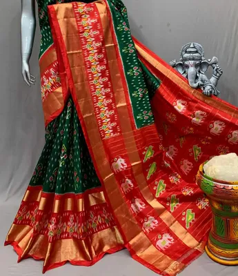 Pochampally Silk Saree | Green Colour | Red Border
