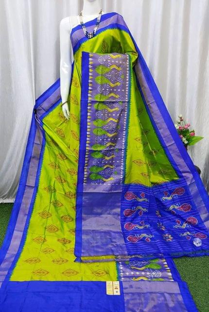 Pochampally Silk Saree | Green yellow Colour | Blue Border