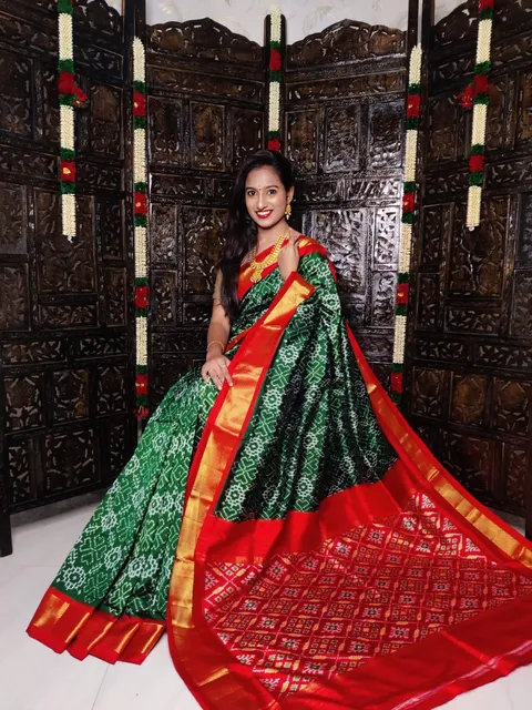Pochampally Twill Silk Saree |  Green Colour | Red Border