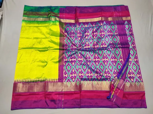 Pochampally Silk Saree | Yellow Colour | Pink Border