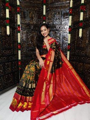 Pochampally Silk Saree | Black Colour | Red Border