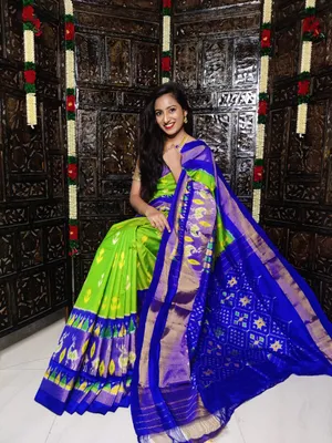 Pochampally Silk Saree | Green Colour | Blue Border
