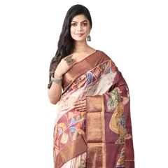 3stones | Handwoven | Hand Batik | Pure Silk | Saree and Blouse Piece | Silk Mark | Pink and Cream | Radha Krishna | GCMZT6
